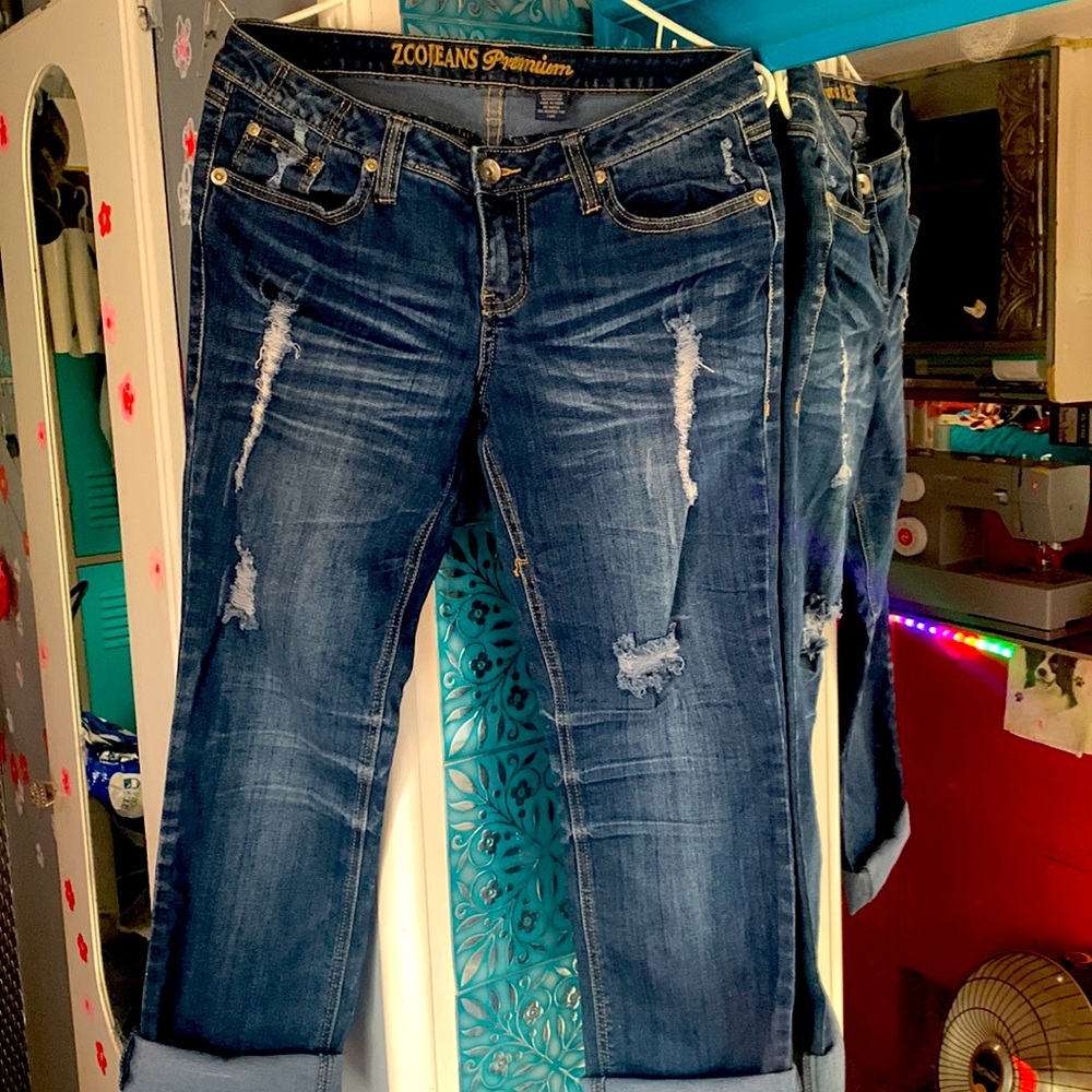 Size 13 Distressed denim shirt pants/capris